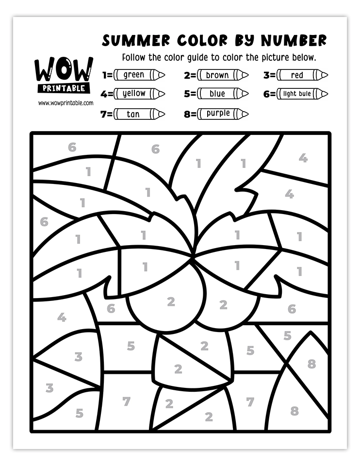 Color by number worksheet featuring a tropical palm tree and surfboard, perfect for kids' creative summer-themed activities.