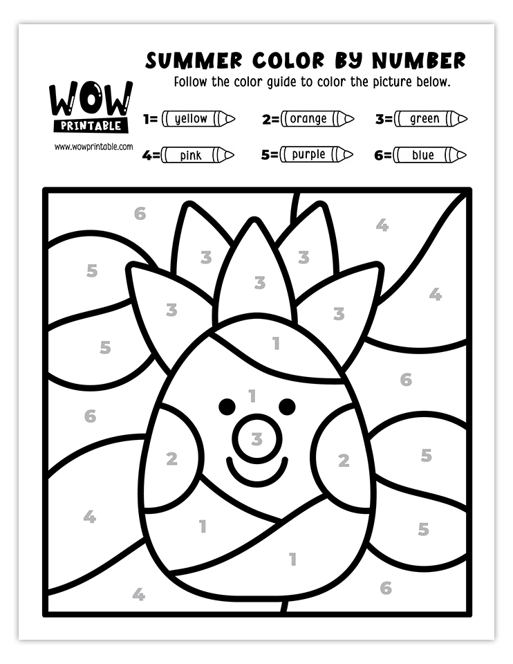 Color by number worksheet featuring a happy summer pineapple with tropical vibes, perfect for kids' creative fun and learning.