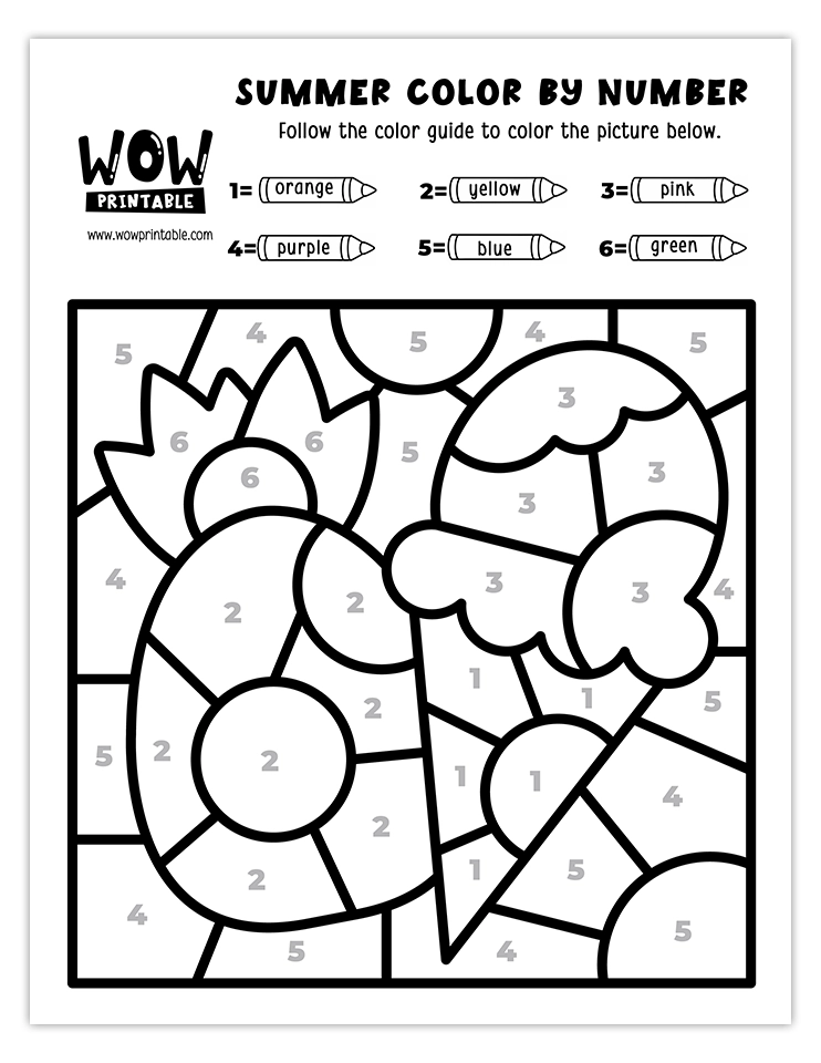 Color by number worksheet featuring a tropical pineapple and ice cream, perfect for kids' fun summer-themed creative activities.