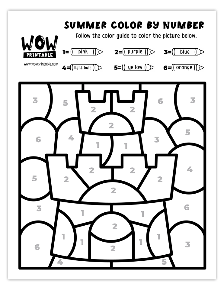 Color by number worksheet featuring a playful summer sandcastle, perfect for kids' fun and creative beach-themed activities.