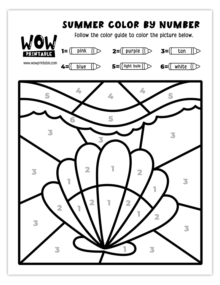 Color by number worksheet featuring a vibrant seashell on a sandy beach with ocean waves, ideal for kids' creative summer activities.