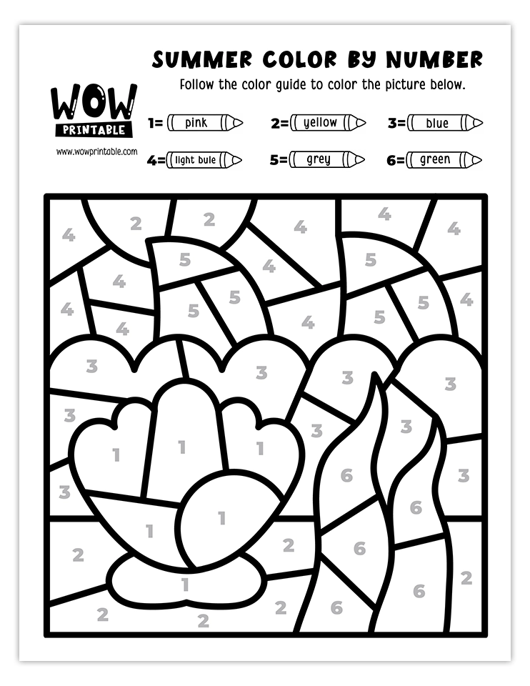 Color by number worksheet featuring a beautiful seashell with ocean waves and a sunny sky, ideal for kids' summer-themed creative fun.