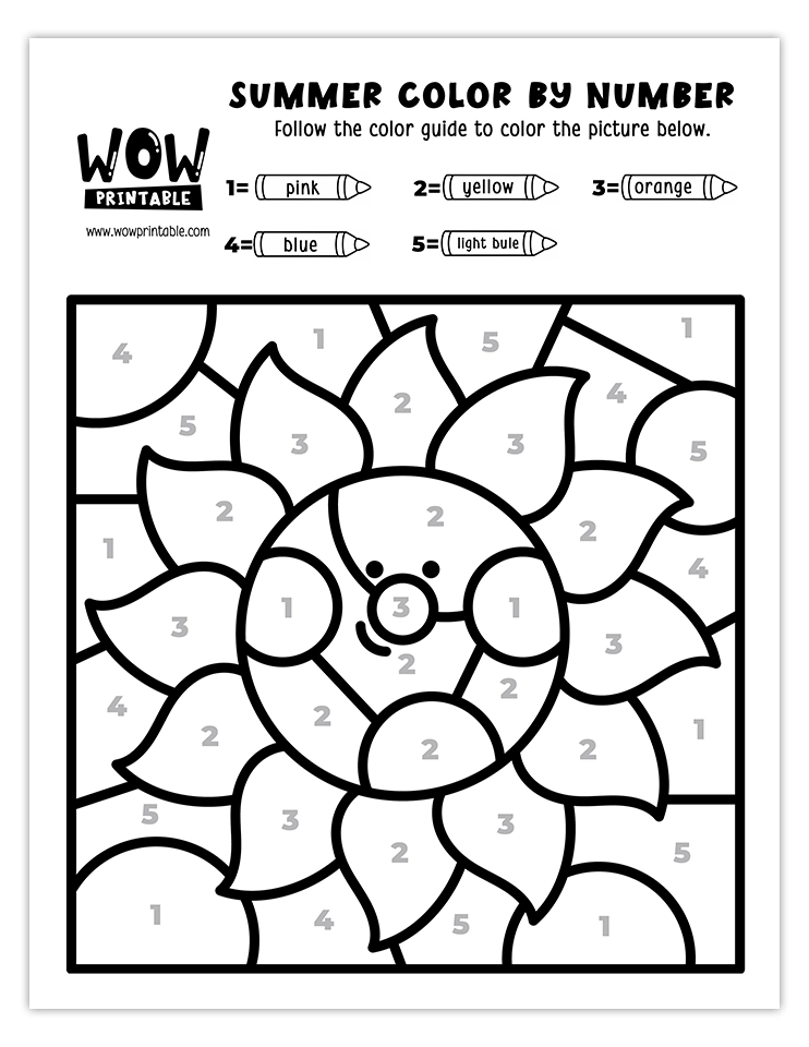 Color by number worksheet featuring a cheerful summer sun with bright colors, ideal for kids' fun and engaging creative activities.