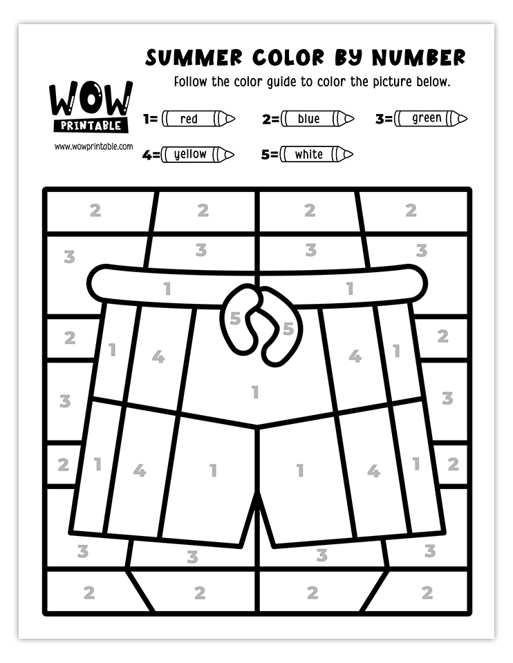 Color by number worksheet featuring vibrant swim trunks, perfect for kids' creative and fun summer-themed activities.