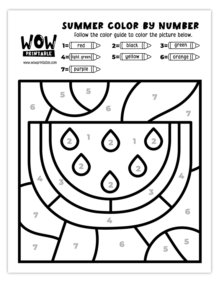 Color by number worksheet featuring a vibrant summer watermelon with a playful color guide, ideal for kids' summer crafts and fun.