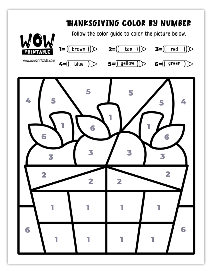 Printable Thanksgiving color by number featuring a basket of apples for kids.