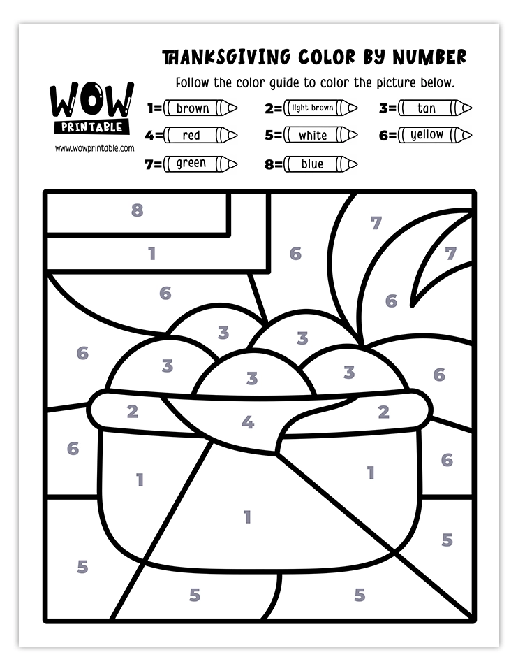 Printable Thanksgiving color by number featuring a Basket of Rolls for kids.