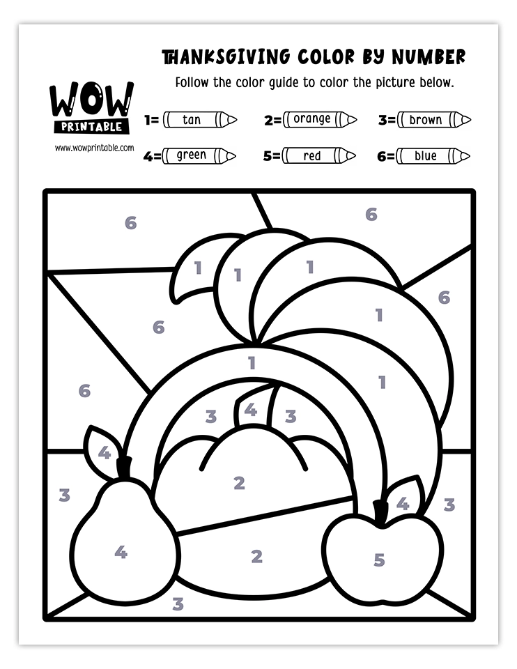 Printable Thanksgiving color by number featuring a cornucopia with fruits for kids.