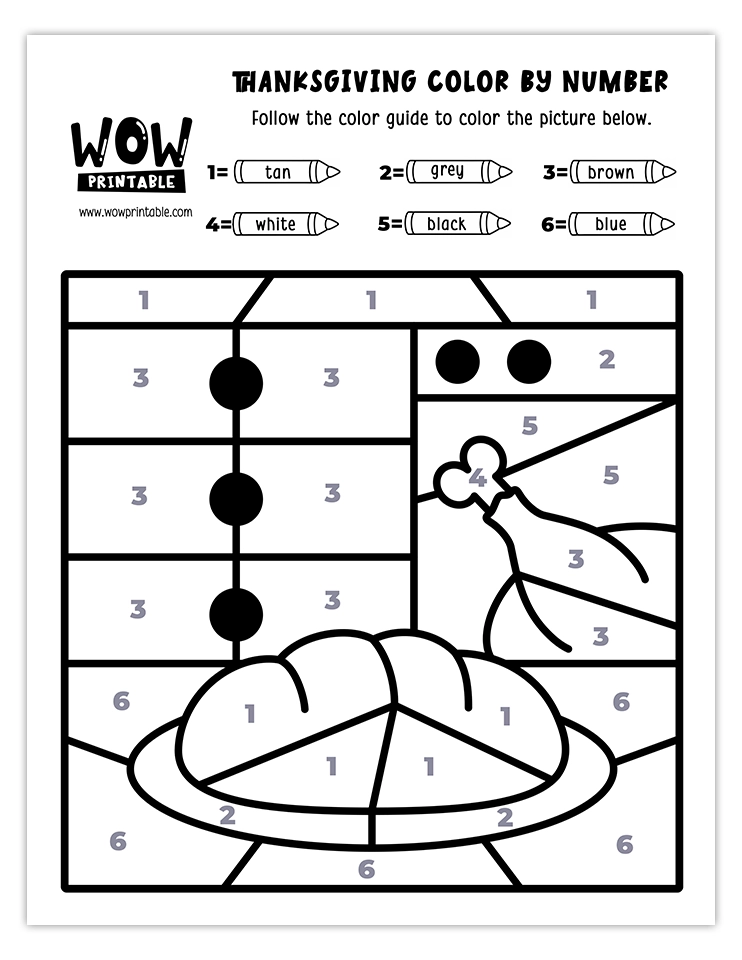 Printable Thanksgiving color by number featuring a table with bread and turkey for kids.