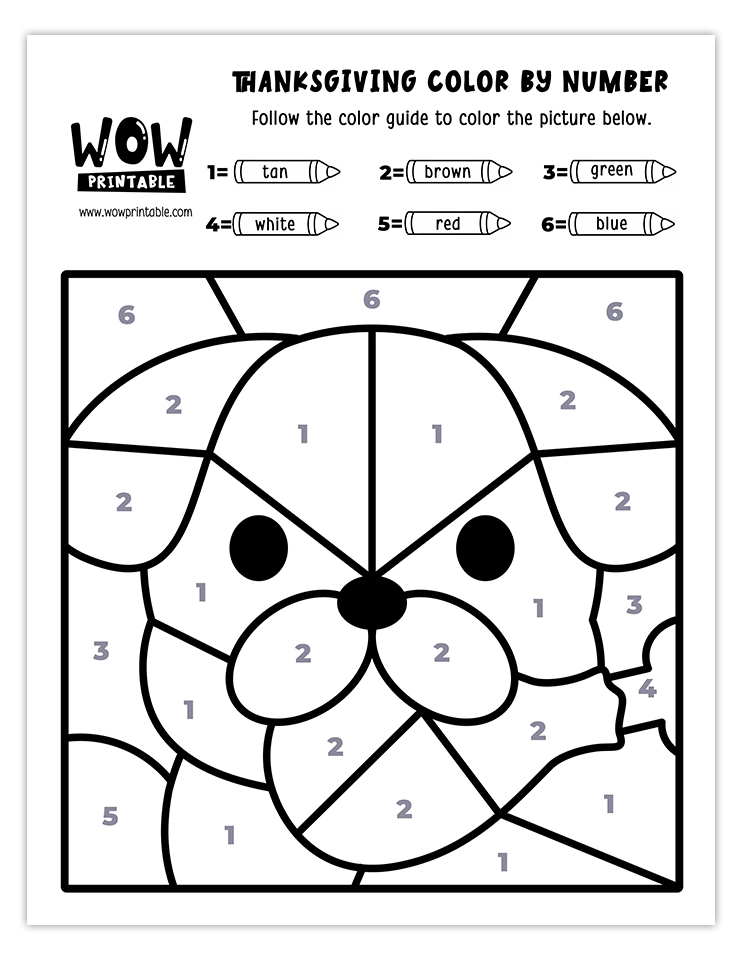 Printable Thanksgiving color by number featuring a cute dog for kids.