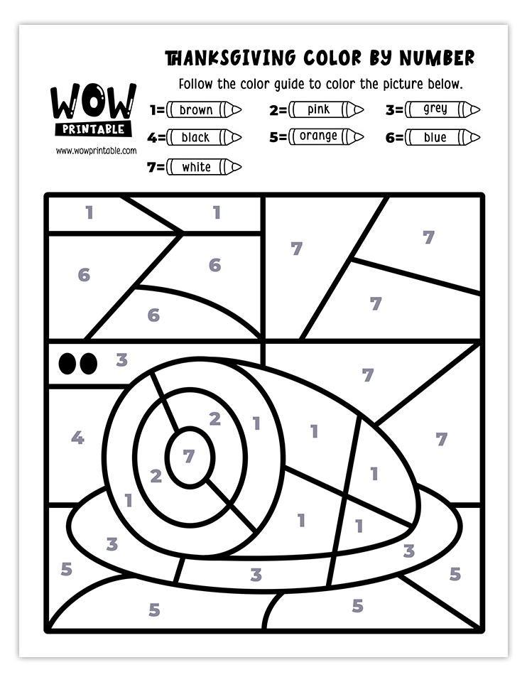 Printable Thanksgiving color by number featuring a ham on a plate for kids.