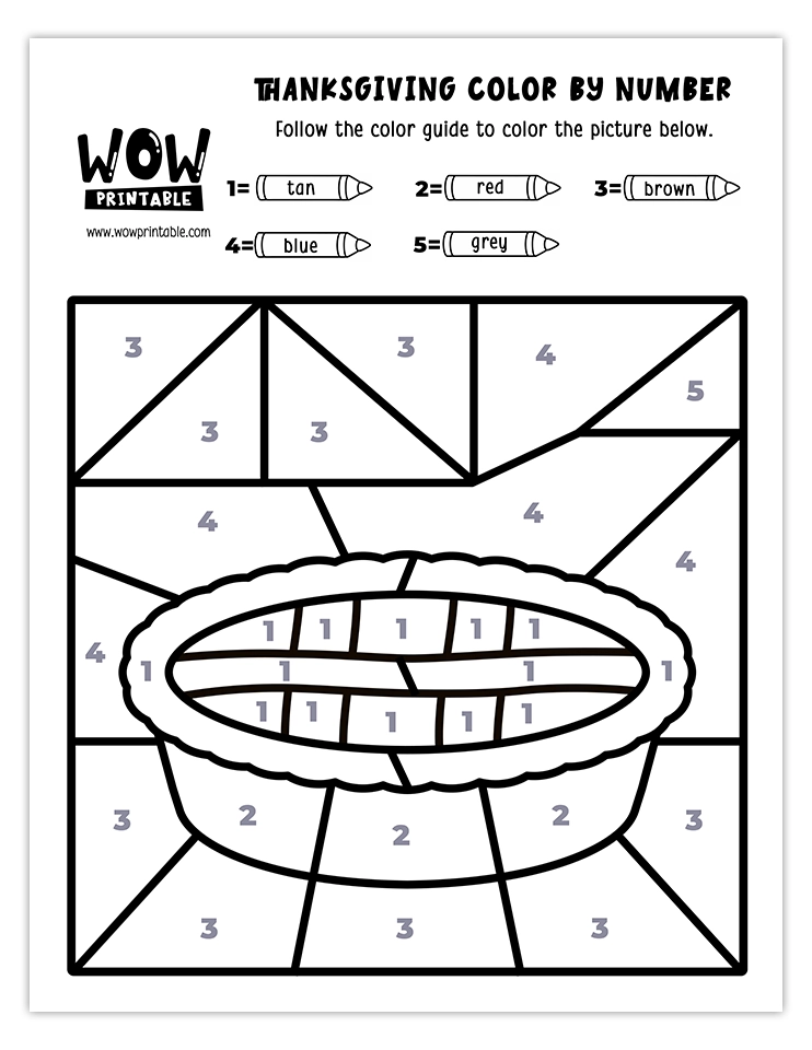 Printable Thanksgiving color by number featuring a pie for kids.