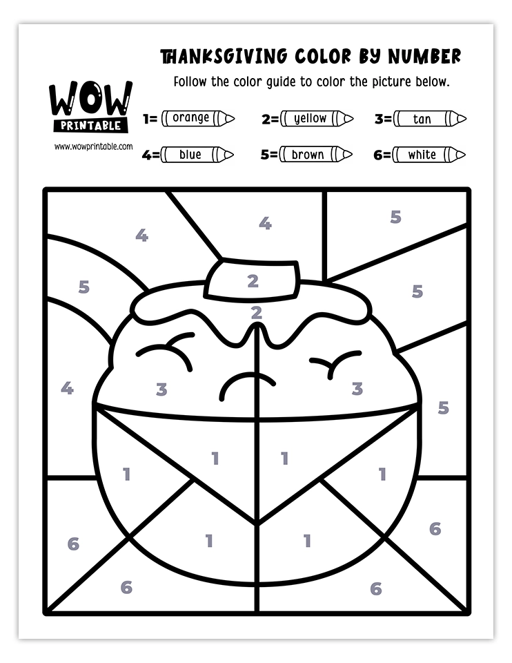 Printable Thanksgiving color by number featuring a pie with butter on top for kids.