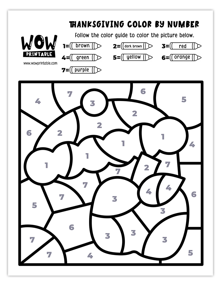 Printable Thanksgiving color by number featuring a pie and apple for kids.