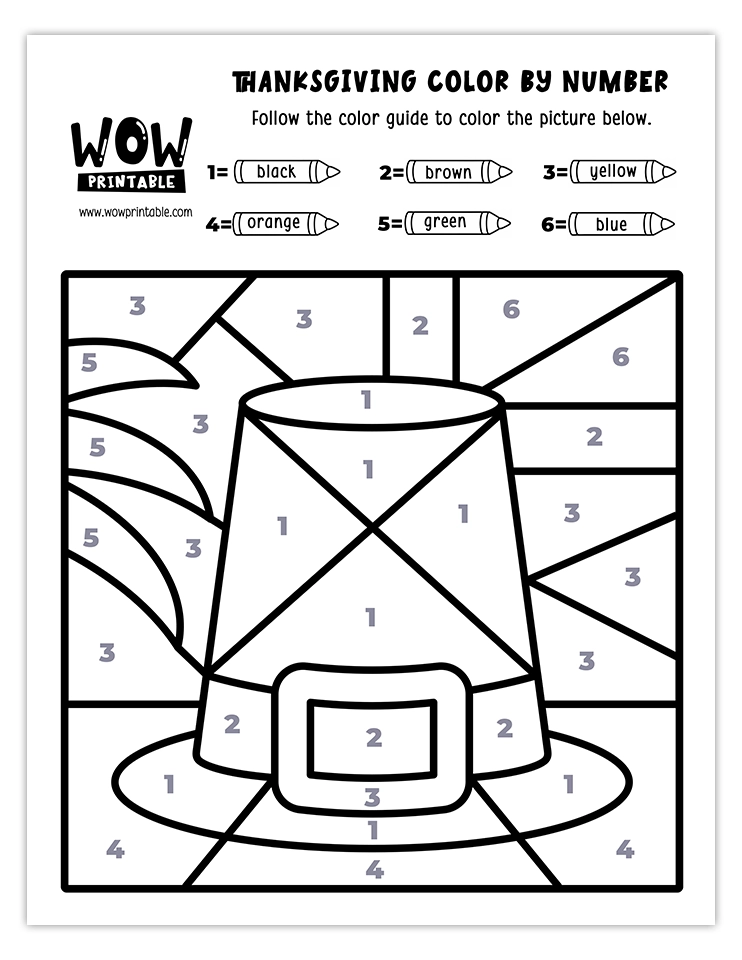 Printable Thanksgiving color by number featuring a classic pilgrim hat for kids.