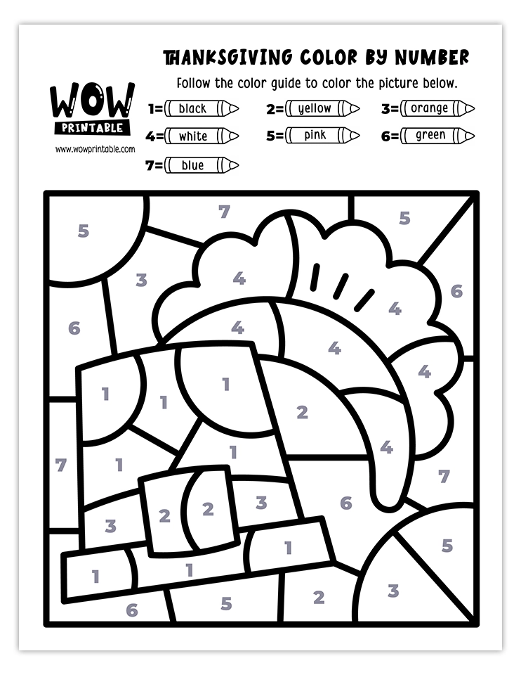 Printable Thanksgiving color by number featuring a pilgrim hat and bonnet for kids.