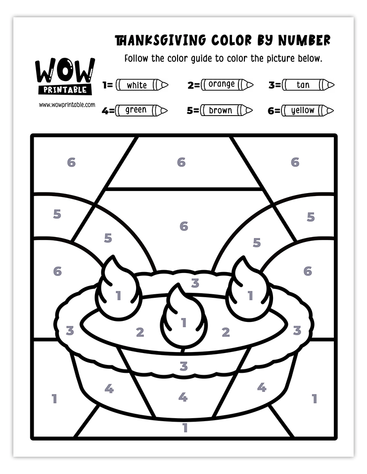 Printable Thanksgiving color by number featuring a pumpkin pie for kids.