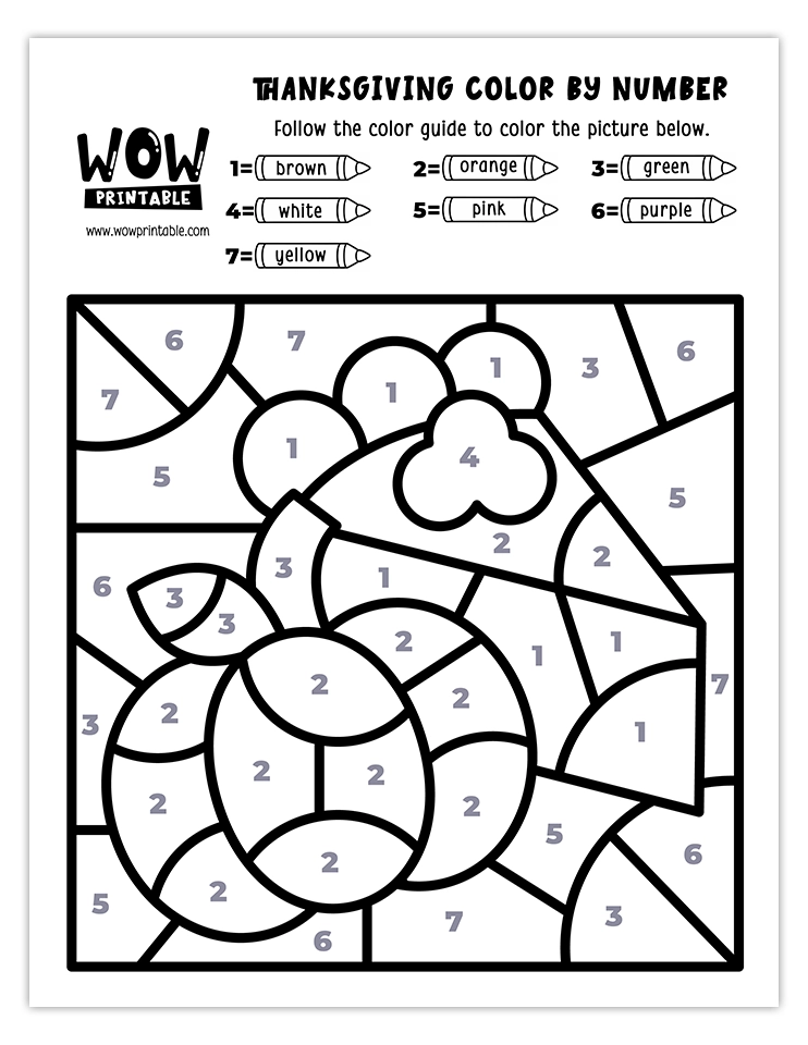 Printable Thanksgiving color by number featuring a pumpkin and pie for kids.