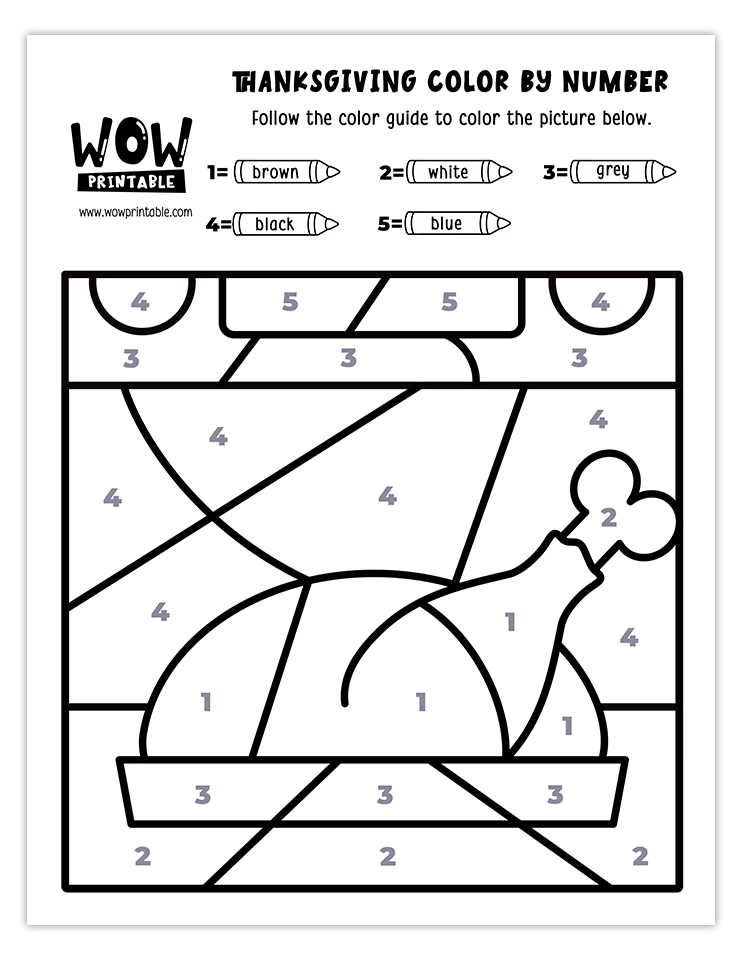 Printable Thanksgiving color by number featuring a roasted turkey in an oven for kids.