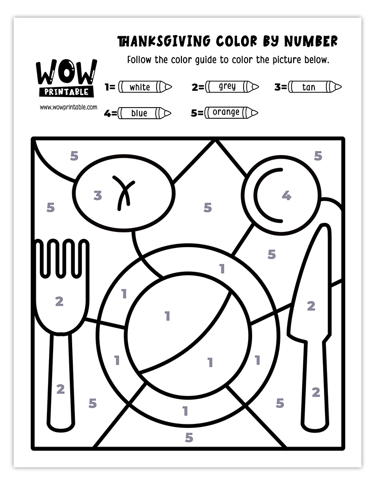 Printable Thanksgiving color by number featuring a table setting for kids.