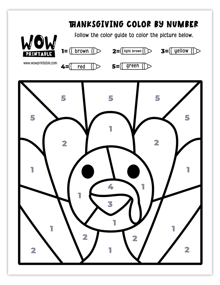 Printable Thanksgiving color by number featuring Tom Turkey for kids.