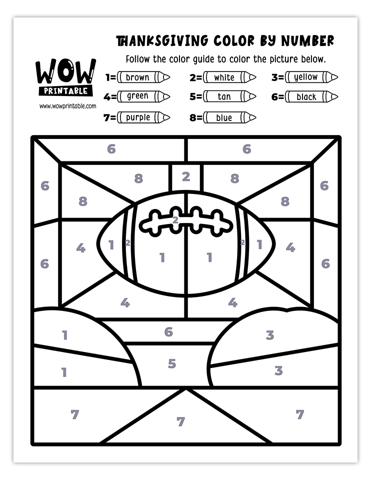 Printable Thanksgiving color by number featuring Watching The Football Game for kids.