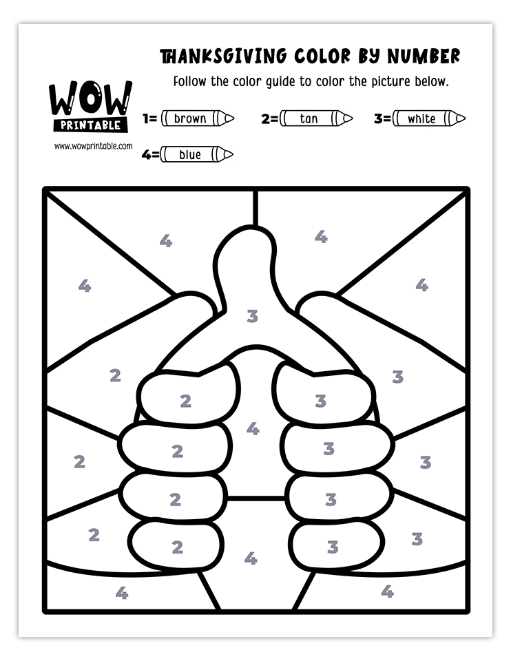 Printable Thanksgiving color by number featuring hands pulling a wishbone for kids.