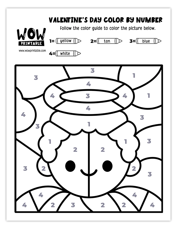 Angel-themed Valentine's Day color by number worksheet with a cute cherub design, perfect for kids' fun and creative holiday crafts.