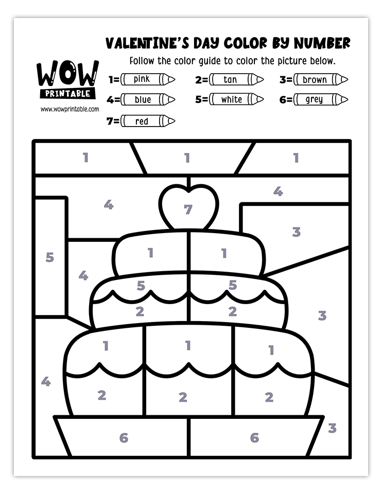 Valentine cake-themed color by number worksheet with pink frosting, hearts, and vibrant details, perfect for kids' holiday crafts.