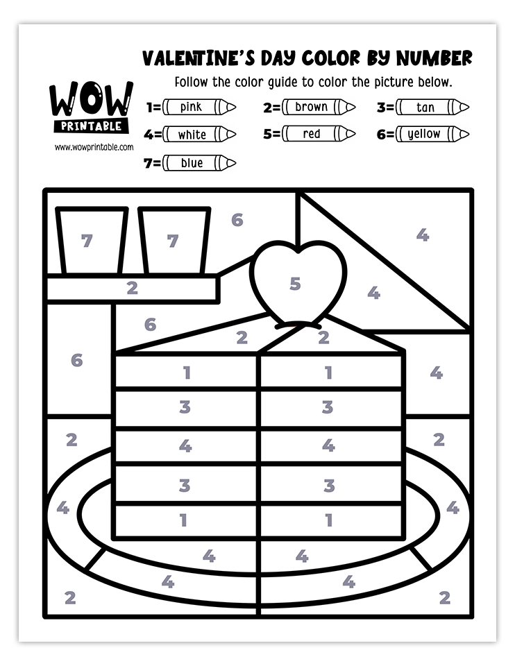 Heart-topped cake slice Valentine's Day color by number worksheet, featuring layers of pink and white, perfect for kids' fun holiday crafts.