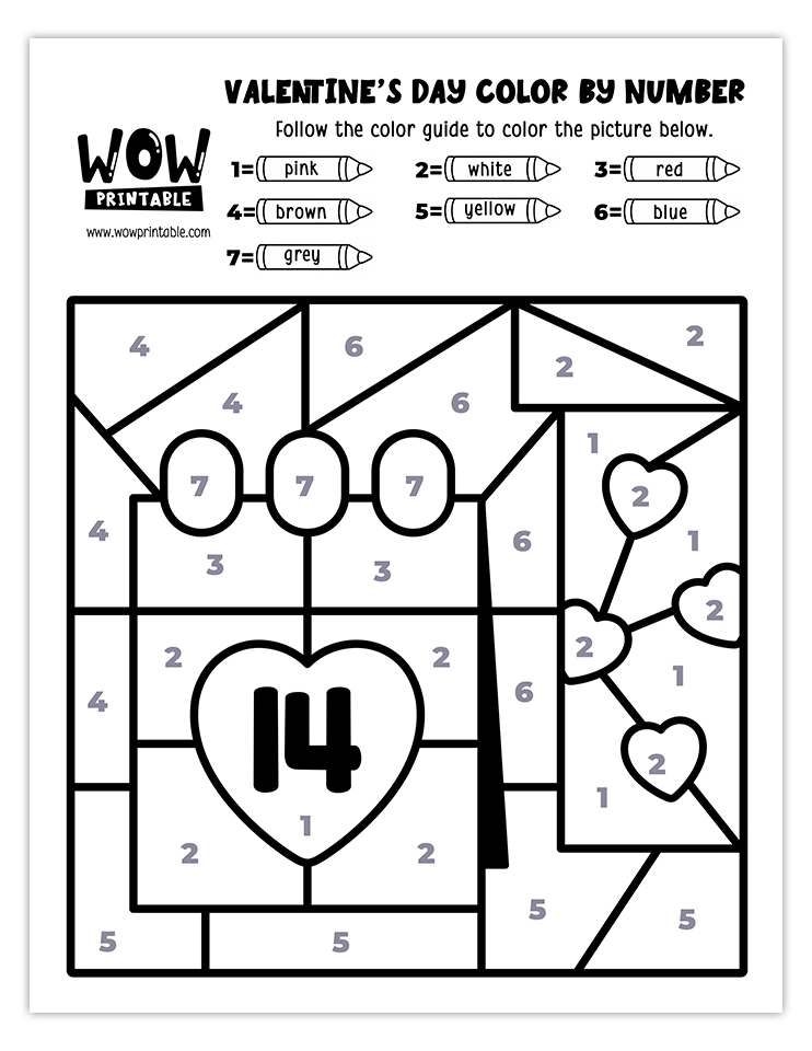 Valentine's Day calendar-themed color by number worksheet, featuring the date February 14 and hearts, perfect for kids' crafts.