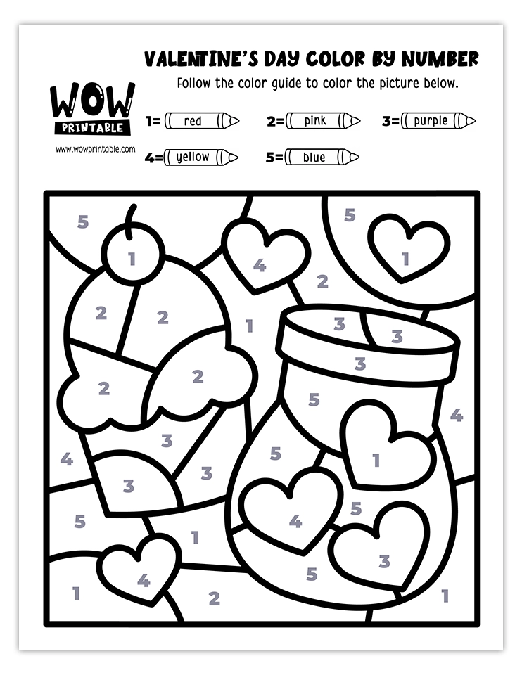 Candy jar and hearts-themed Valentine's Day color by number worksheet, a fun and vibrant activity for kids to celebrate the holiday.