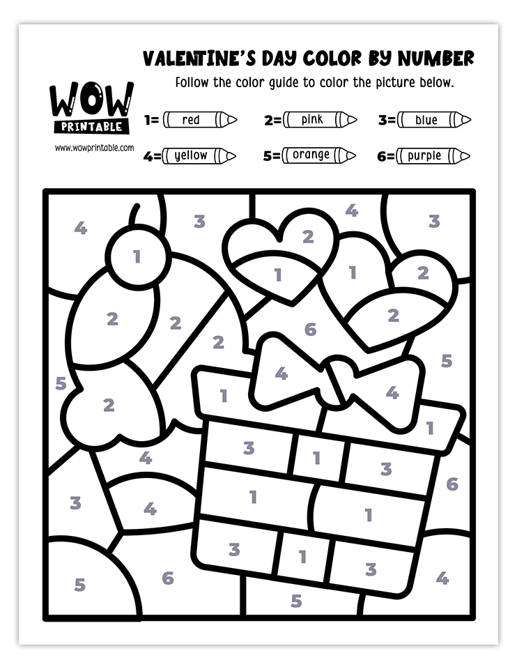 Valentine's Day color by number worksheet with hearts, a gift, and bright colors for kids' fun activities.