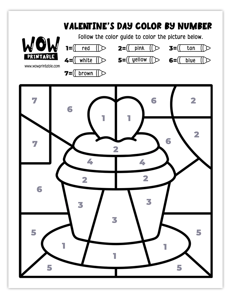 Cupcake and heart-themed Valentine's Day color by number worksheet with vibrant colors, perfect for kids' fun and creative holiday crafts.