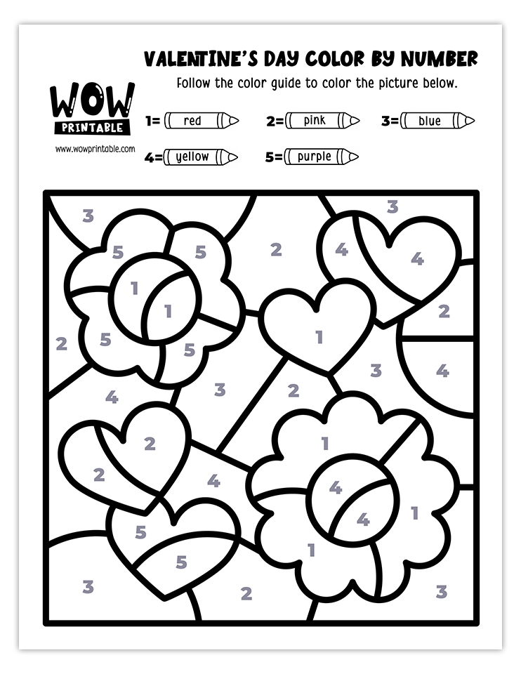 Flower and heart-themed Valentine's Day color by number worksheet with vibrant designs perfect for kids' fun and learning activities.