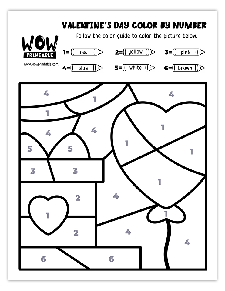 Heart balloon and gift box-themed Valentine's Day color by number worksheet, a delightful activity for kids to celebrate the holiday.