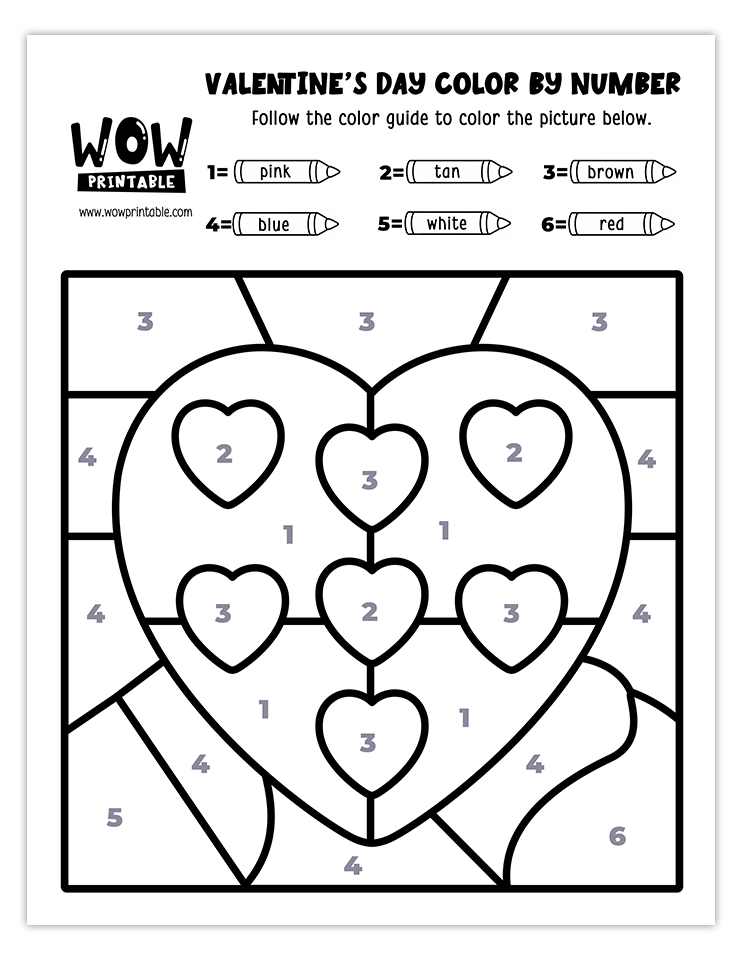 Heart candy-themed Valentine's Day color by number worksheet, featuring colorful hearts and a pink background, perfect for kids' crafts.