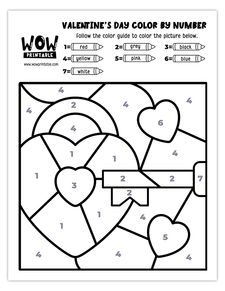 Heart lock and key-themed Valentine's Day color by number worksheet, a unique and fun activity for kids' holiday crafts.