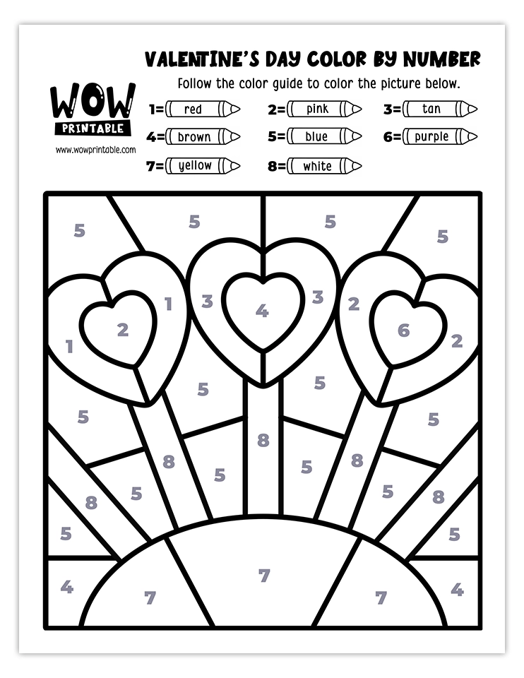 Heart Lollipops-themed Valentine's Day color by number worksheet, featuring vibrant hearts and a sunny backdrop, perfect for kids' crafts.