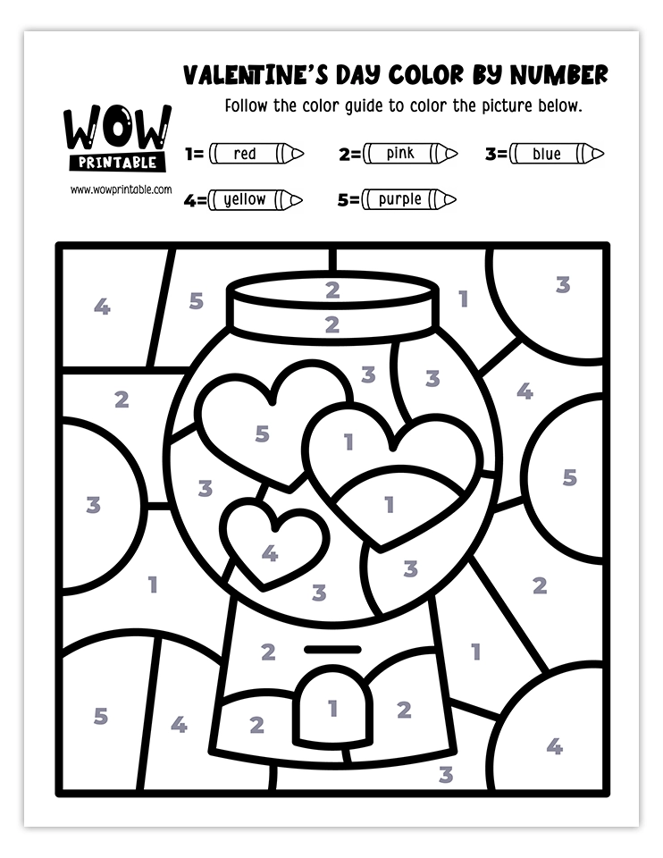 Heart-themed Valentine's Day color by number worksheet featuring a gumball machine with hearts in vibrant colors for kids' crafts.