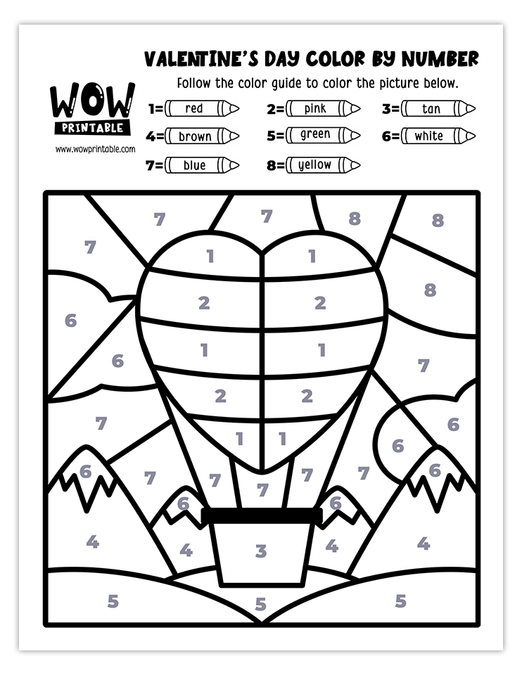 Hot air balloon and heart-themed Valentine's Day color by number worksheet, featuring scenic landscapes, perfect for kids' crafts.