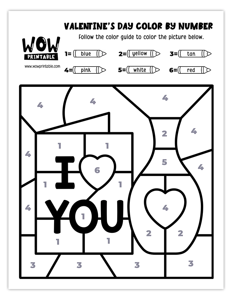 I Love You card and heart-themed Valentine's Day color by number worksheet, perfect for kids' creative holiday crafts and activities.