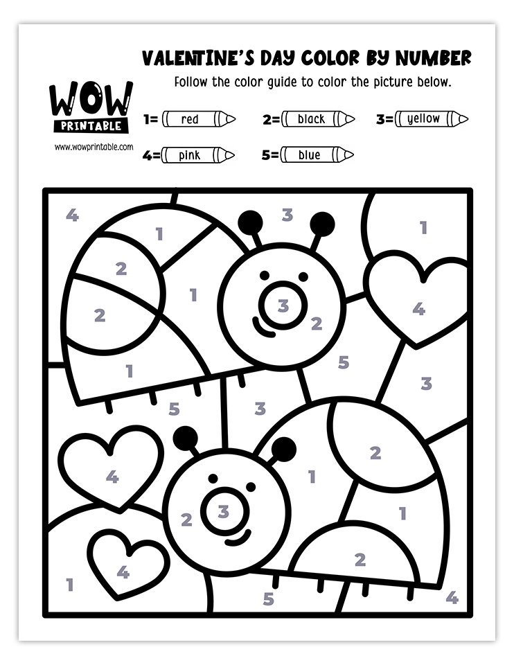 Adorable ladybug and hearts-themed Valentine's Day color by number worksheet, perfect for kids' creative and fun holiday activities.