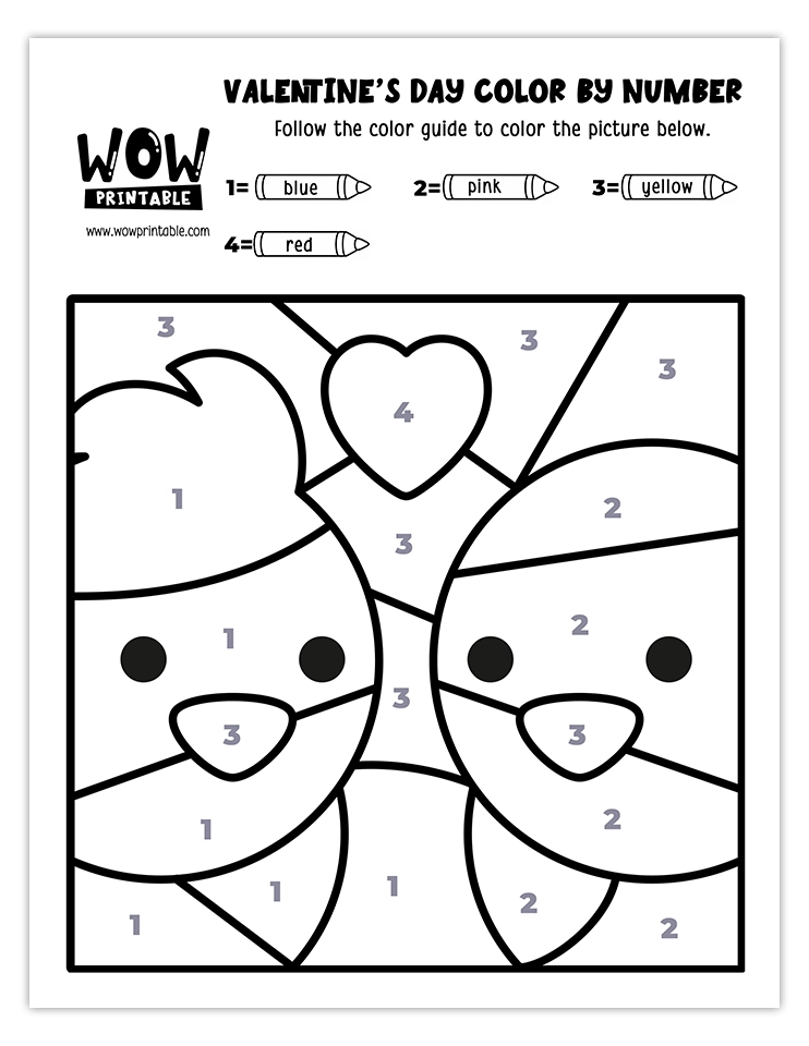 Love birds and heart-themed Valentine's Day color by number worksheet, featuring pink and blue birds, perfect for kids' crafts.