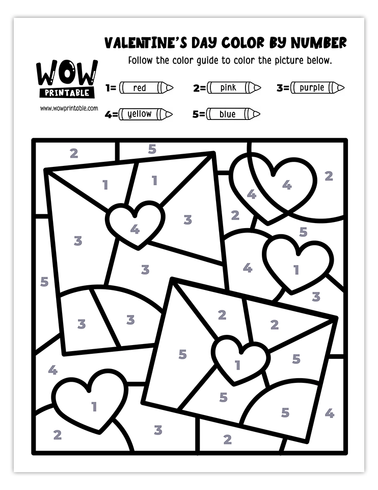 Love letters and hearts-themed Valentine's Day color by number worksheet, a perfect activity for kids to spread holiday cheer.