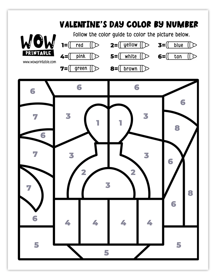 Ring gift-themed Valentine's Day color by number worksheet, featuring a heart-shaped gem and a vibrant gift box, perfect for kids' crafts.