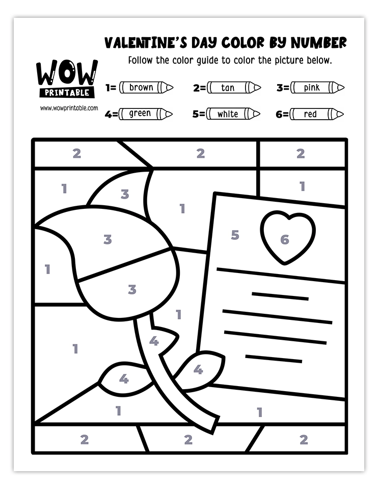 Rose and love letter-themed Valentine's Day color by number worksheet, perfect for kids' creative holiday crafts.