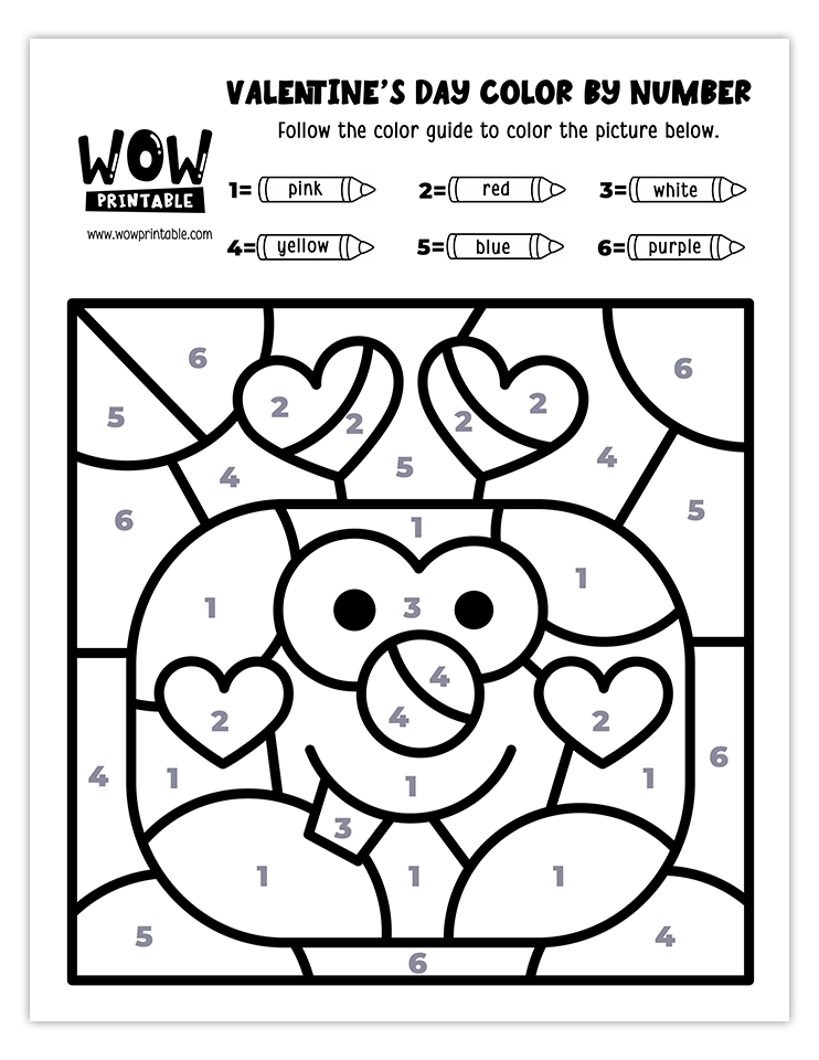 Cute pink Silly Face Valentine's Day color by number worksheet, ideal for kids' fun and creative holiday crafts.