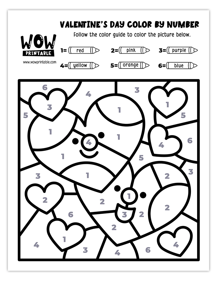 Smiling hearts-themed Valentine's Day color by number worksheet with cheerful designs perfect for kids' creative holiday activities.