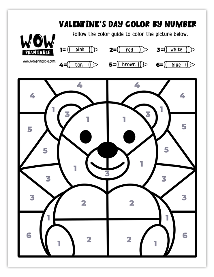 Teddy bear-themed Valentine's Day color by number worksheet, featuring a pink bear holding a red heart, perfect for kids' creative crafts.